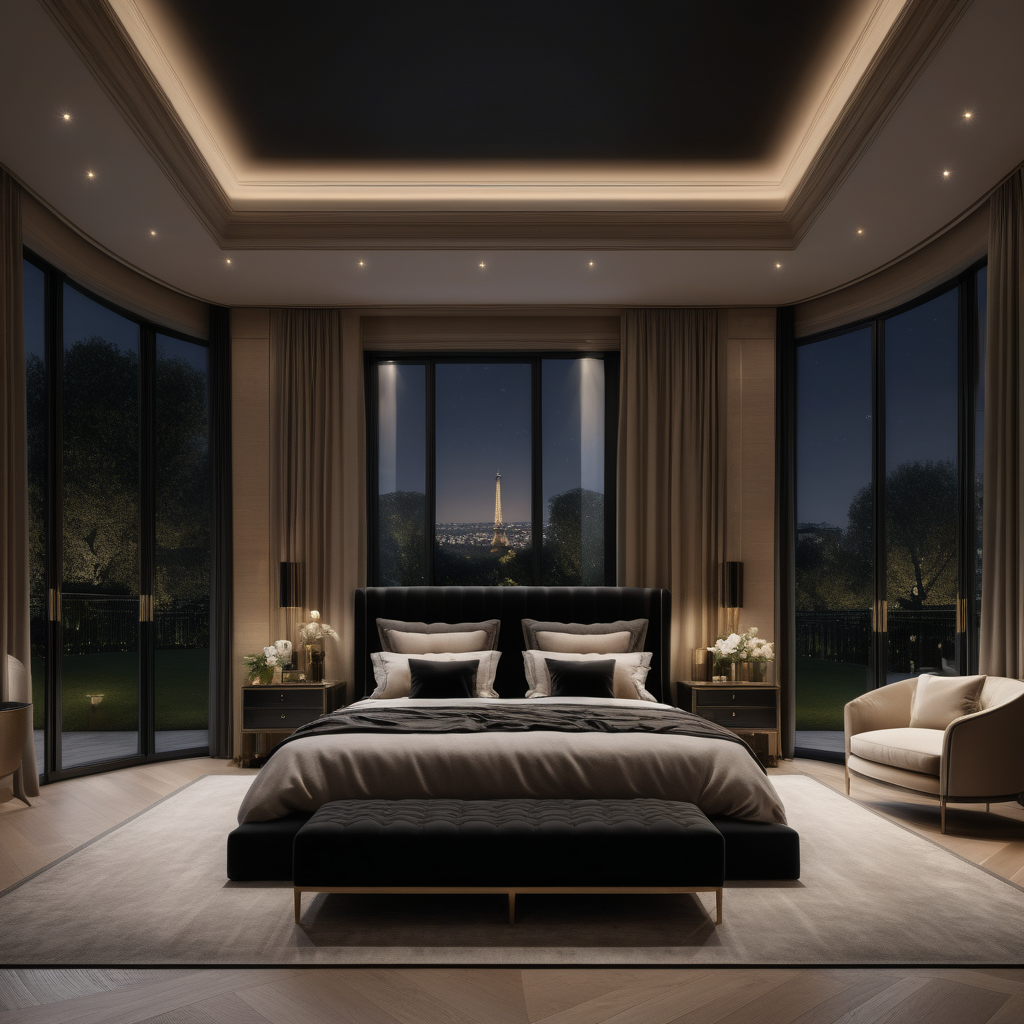 a hyperrealistic of a grand Modern Parisian estate home master bedroom room at night with mood lighting, floor to ceiling windows with a view of the manicured gardens , in a beige oak brass and black colour palette 
