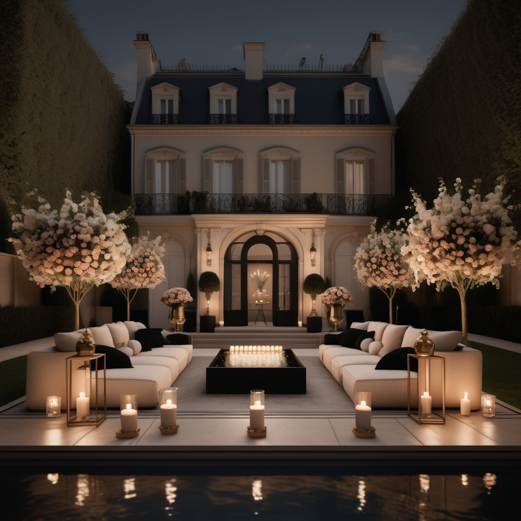 a hyperrealistic of a grand Modern Parisian backyard set up for an elegant pool party in a beige oak brass and black colour palette with  flowers and candles and mood lighting
