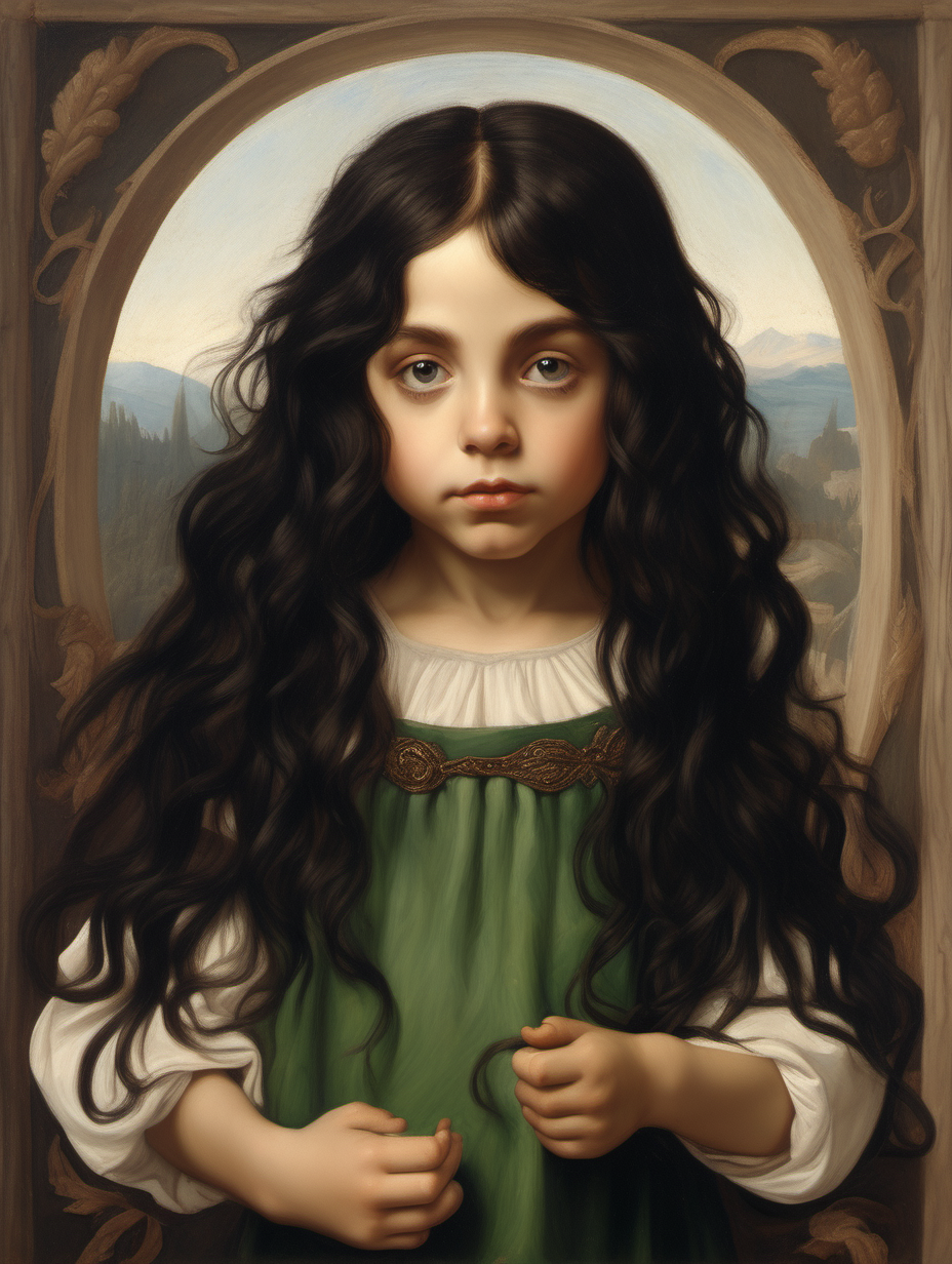 renaissance painting of an elf child with long wavy black hair.