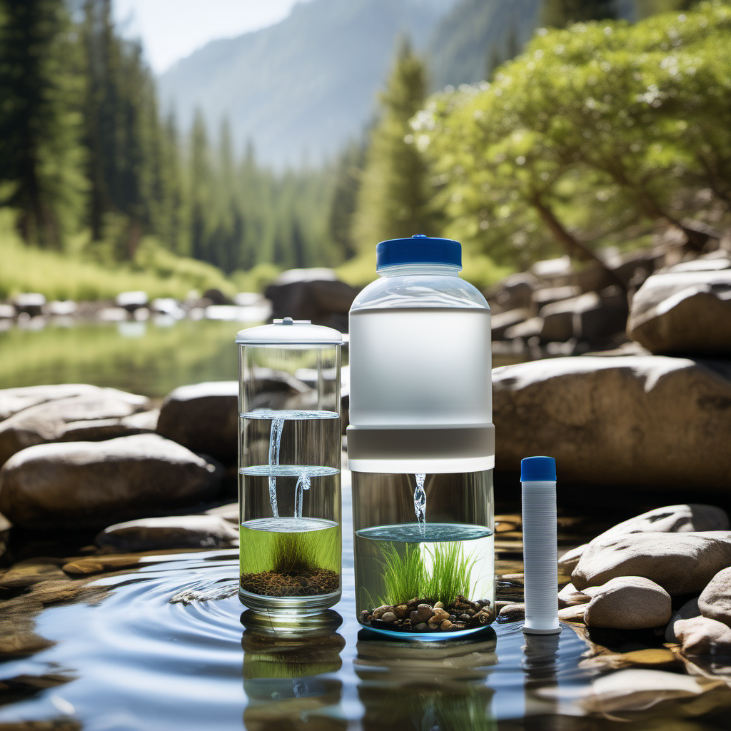 A serene outdoor setting with a clear stream, alongside images of water purification filters and storage containers, emphasizing the importance of clean water in nature.
