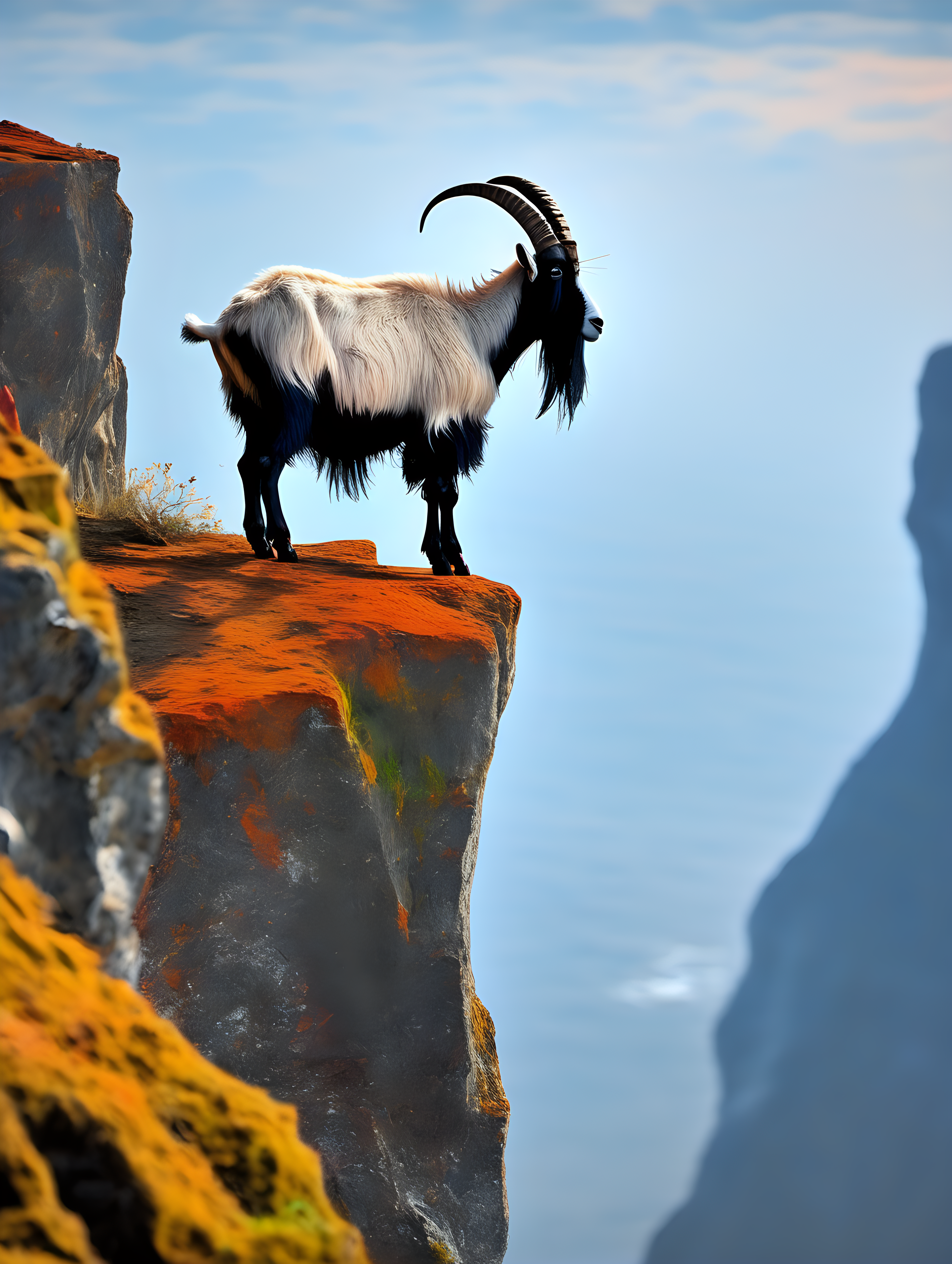 wild goat on the edge of a cliff, vivid colors