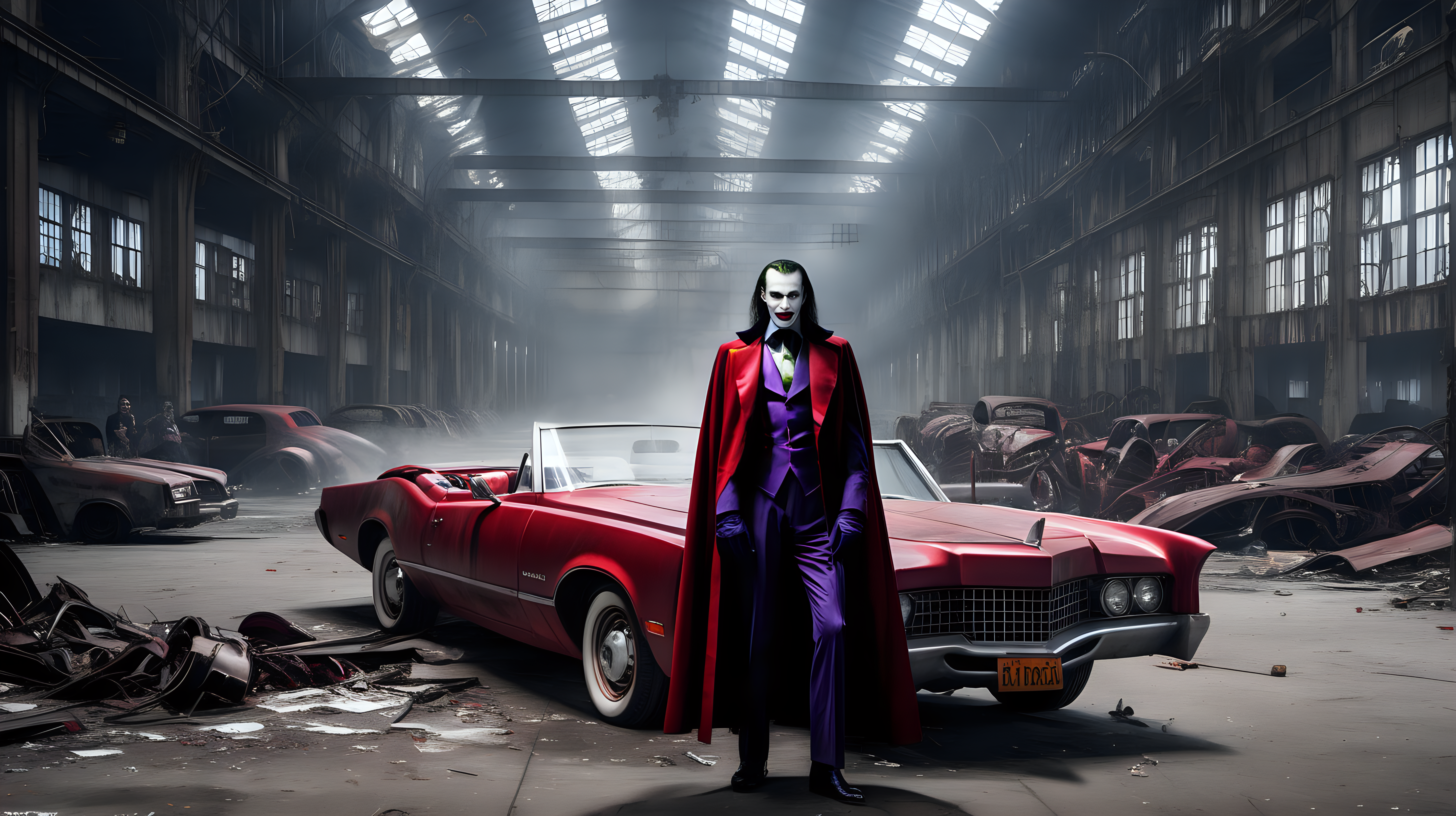 Dracula fights the joker in an abandoned car