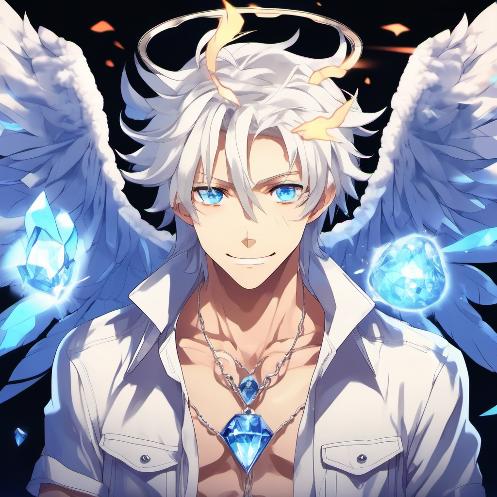 Anime blue eyes with flames inside them, male dude with hero vibes, smiling with smug powerful face, white curled hair,  large angel wings with crystals, Dimond on forehead, necklace, happy guy with frying pan,