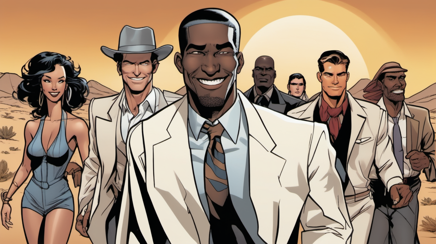 three black, spanish & Asian men with a smile leading a group of gorgeous and ethereal white,spanish, & black mixed men & women with earthy skin, walking in a desert with his colleagues, in full American suit, followed by a group of people in the art style of bruce timm comic book drawing, illustration, rule of thirds