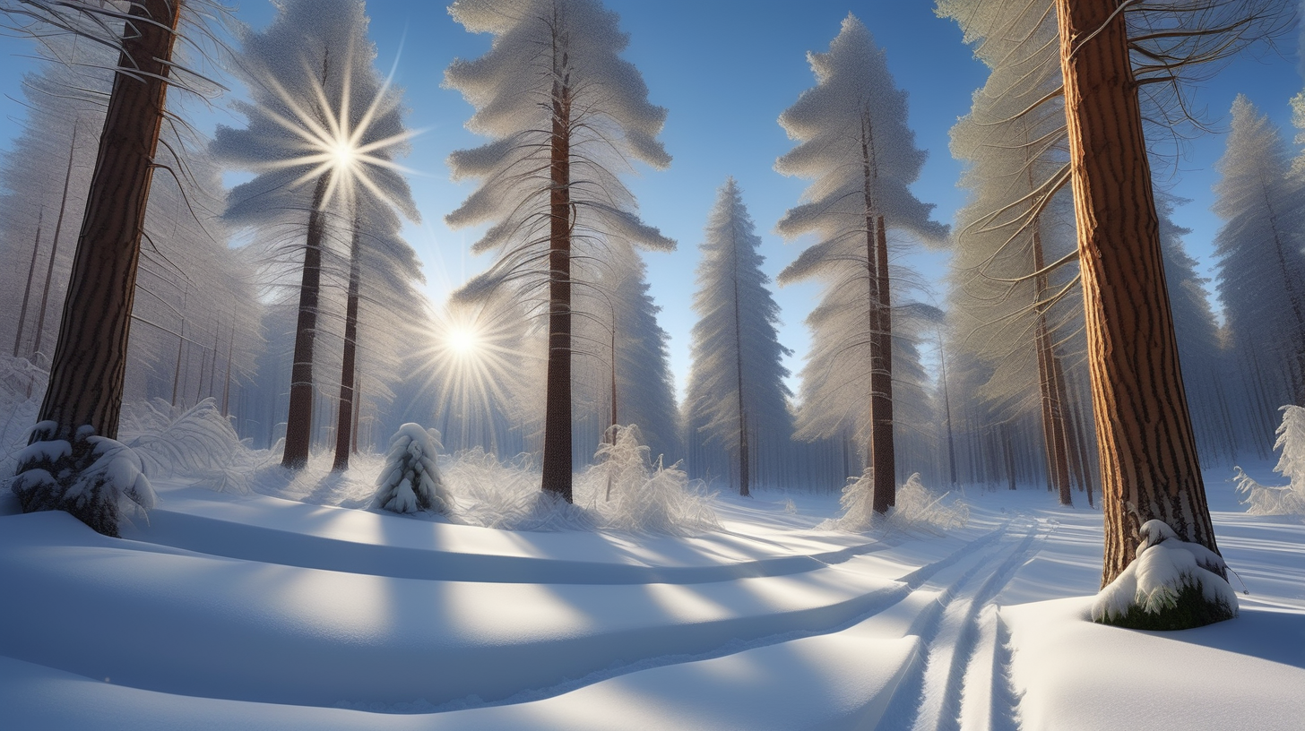 В лесу зима,  солнце светит ярко на синем небе, падает снег , снежинки кружатся в воздухе и ложатся на деревья высокие сосны, ели, дубы  и  на землю, образуют огромные сугробы. бегут  много разных зверей, оставляют свои следы