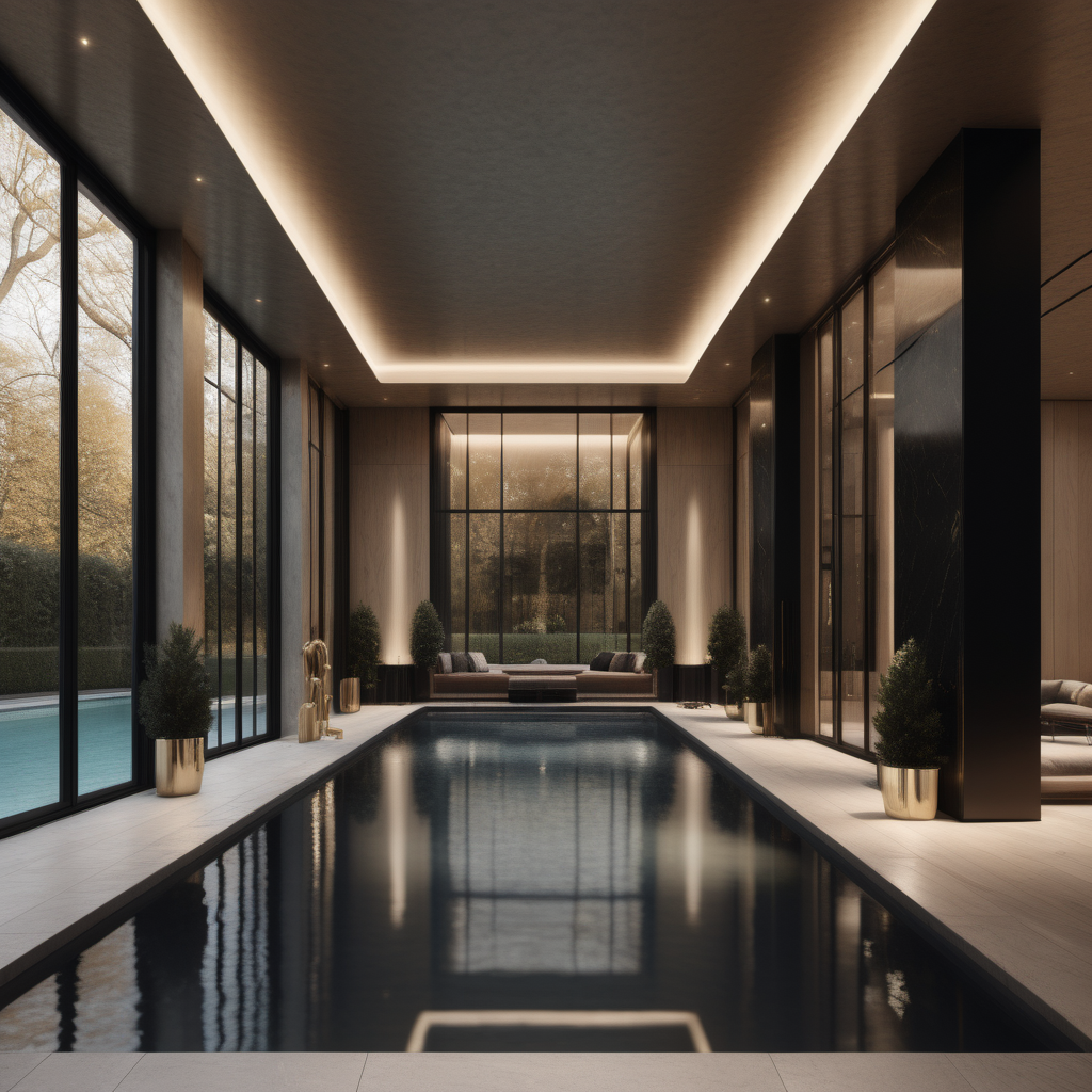 a hyperrealistic of an elegant Modern Parisian estate home indoor pool room with mood lighting and floor to ceiling windows in a beige oak brass and black colour palette 
