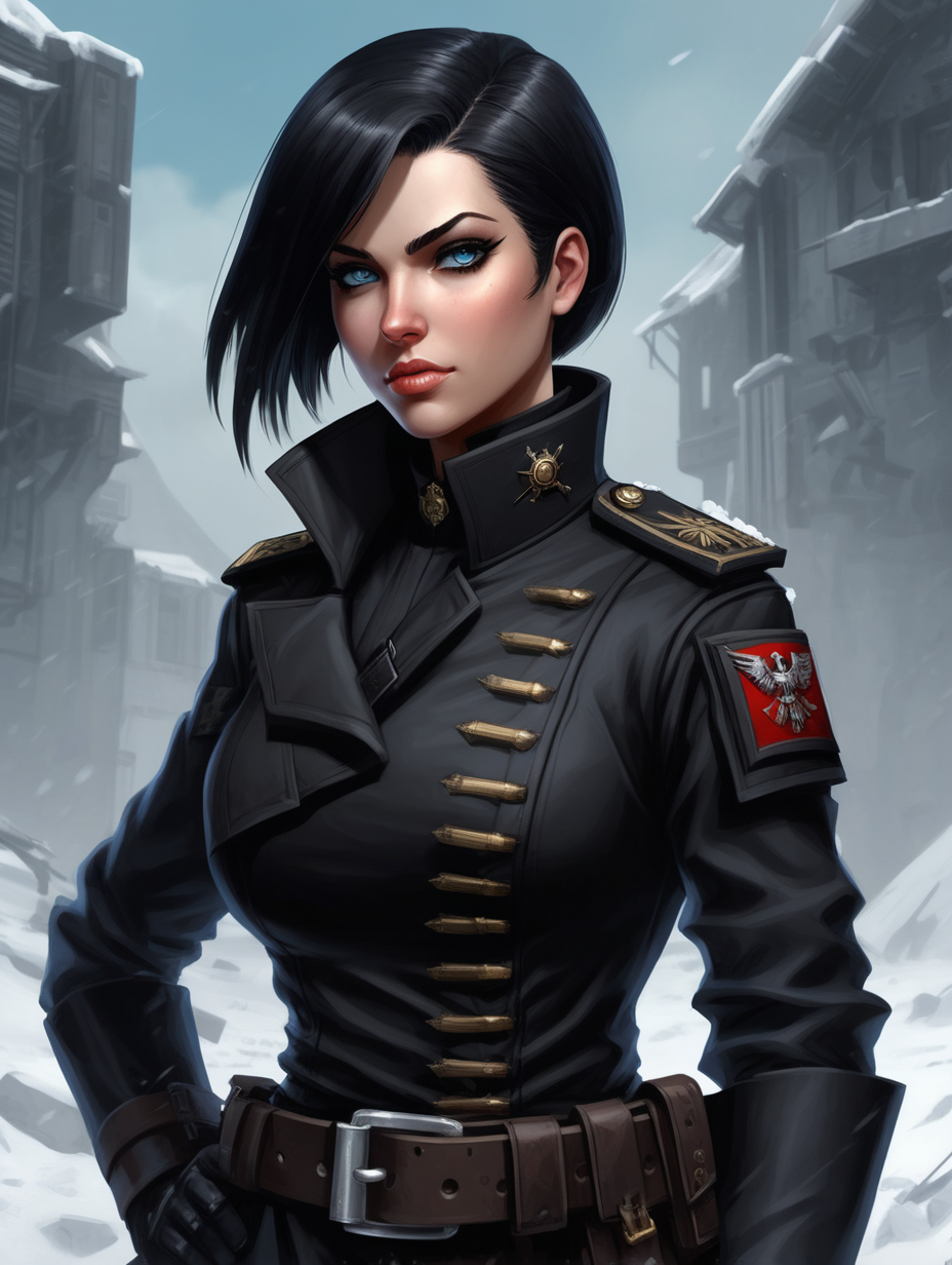 Warhammer 40K young Commissar woman. She has an hourglass shape. She has raven black hair. She has a very short hair style similar to what Maya, from Borderlands 2, has. Dark black uniform. Dark brown belt has a lot of pouches, grenades, and a black holster attached. Dark brown bandolier around waist. Her dark black uniform jacket fits perfectly and is closed up. She has a lot of eye shadow. Background scene is snowy trench line. She has icy blue eyes. 