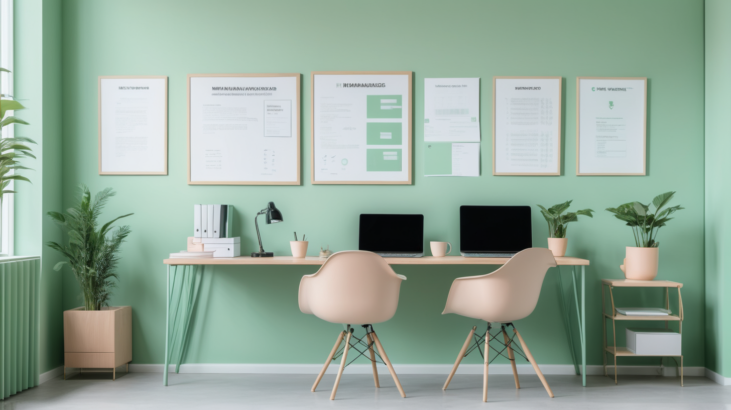 Minimalistic office with some furniture background for HR-manager online course. With HR posters on the wall. Pastel green color painted walls
