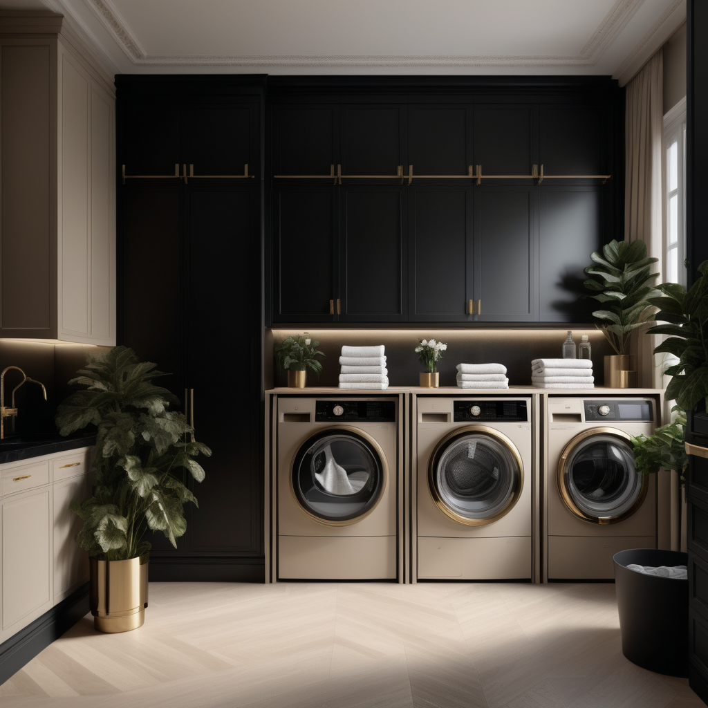 a hyperrealistic of an elegant Modern Parisian estate home laundry with island and mood lighting and plants, in a beige oak brass and black colour palette 

