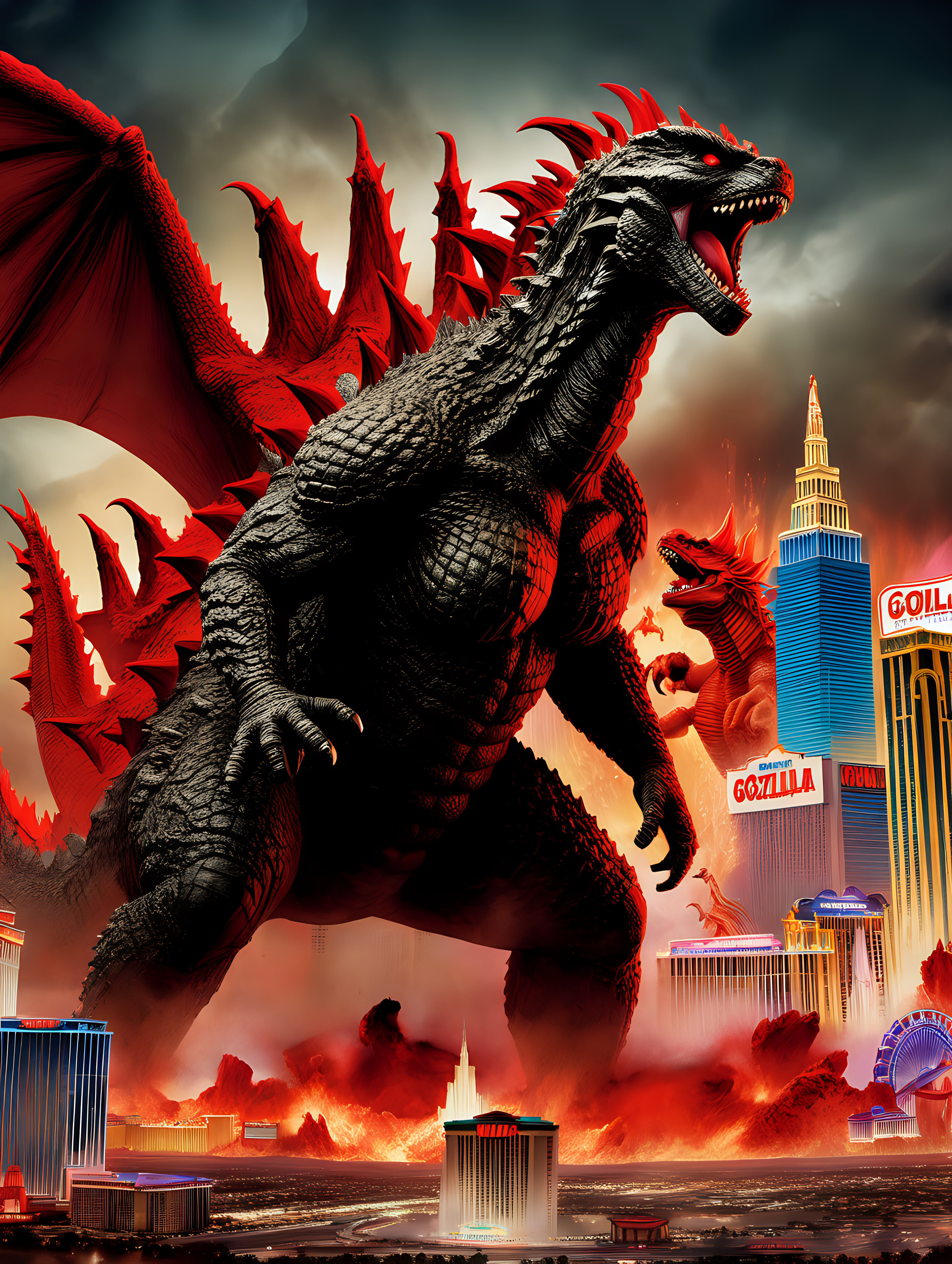 Movie poster of Godzilla a red dragon destroying