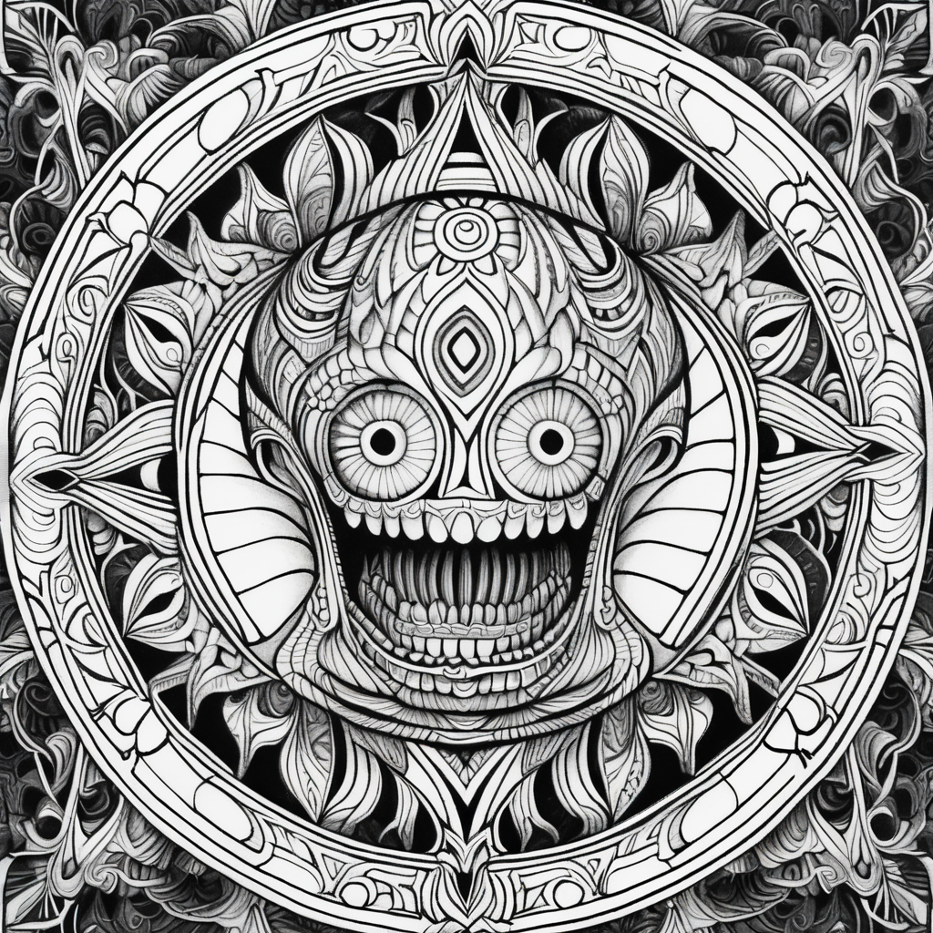 adult coloring page, black & white, strong lines, high details, symmetrical mandala, faceless horror