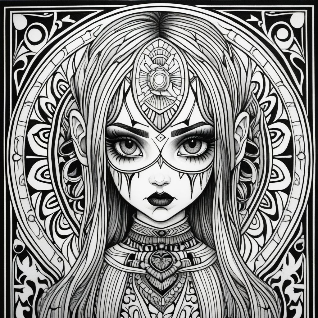 adult coloring page, black & white, strong lines, high details, symmetrical mandala, evil gothic girl doll full body