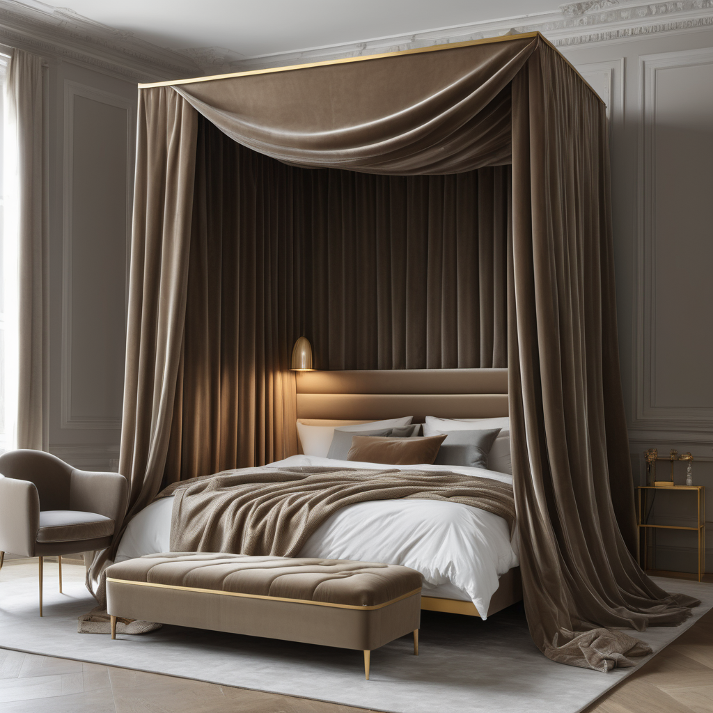 a hyperrealistic image of a velvet modern Parisian  king bed with canopy in taupe, oak and brass 
