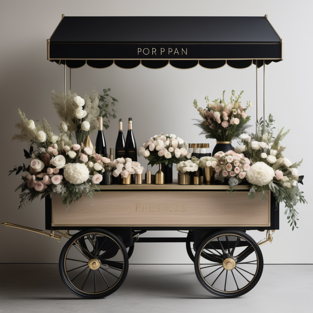 A hyperrealistic image of a grand, large,  Modern Parisian pop-up florist cart in a beige oak brass and black colour palette with bouquets or flowers