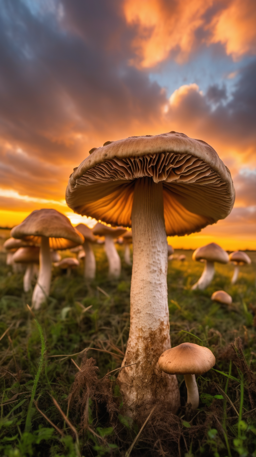 LionsMane mushrooms in a field looking big and strong with beautiful sunset in the background 