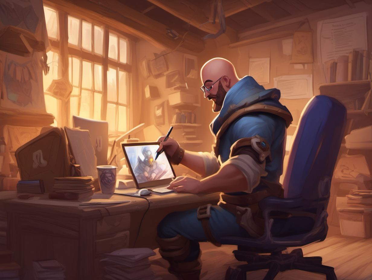 https://i.ibb.co/TBwzm4r/1702818162749m7egx85z.png Digital art in the style of hearthstone card art. The subject is a male character on his 30s bald fade doing digital art on a wacom and monitor. The scene takes place in a office with natural elements such as things made of out of trees or grass.--v 5.3 --zoom 1.5