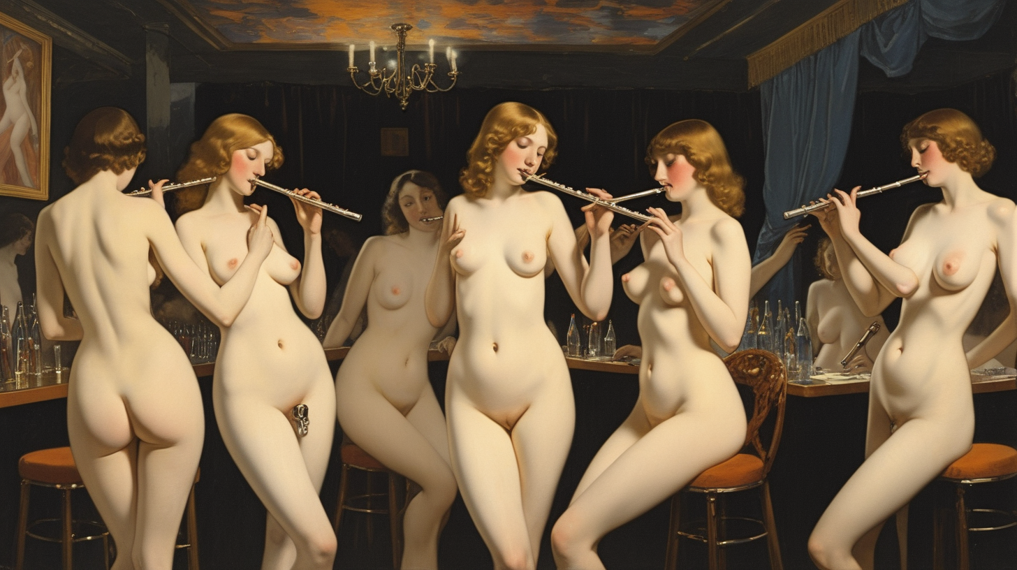 nude women playing flutes in a nightclub