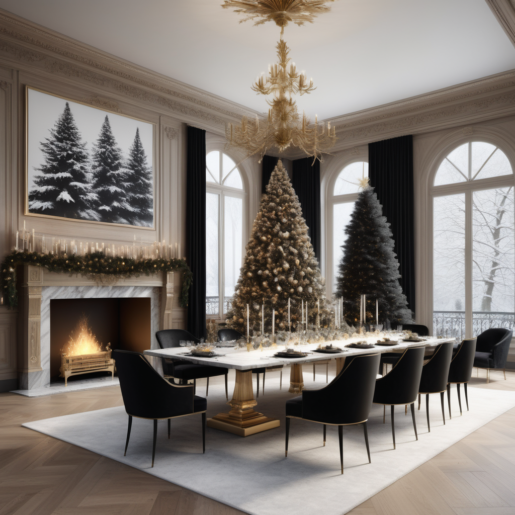 A hyperrealistic image of a grand, large,  Modern Parisian dining room at christmas time in a beige oak brass and black colour palette, with a large snowy balsam fir christmas tree in the corner of the room, a marble fireplace alight, a large, elegant 12 seat dining table, floor to ceiling windows with snow falling outside