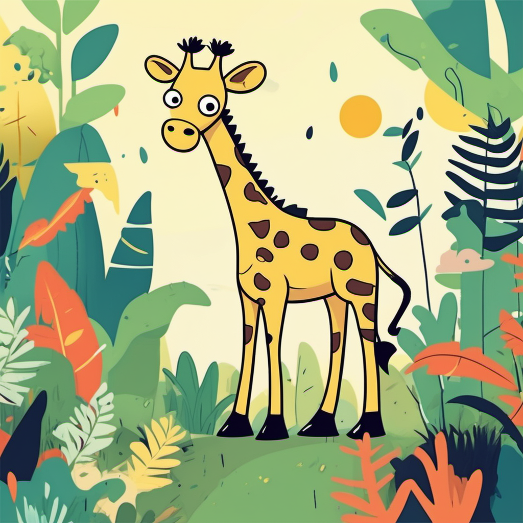 /imagine kids illustration, Giraffe rex in a jungle, cartoon style, Thick Lines, low details, multi colours --ar 9:11