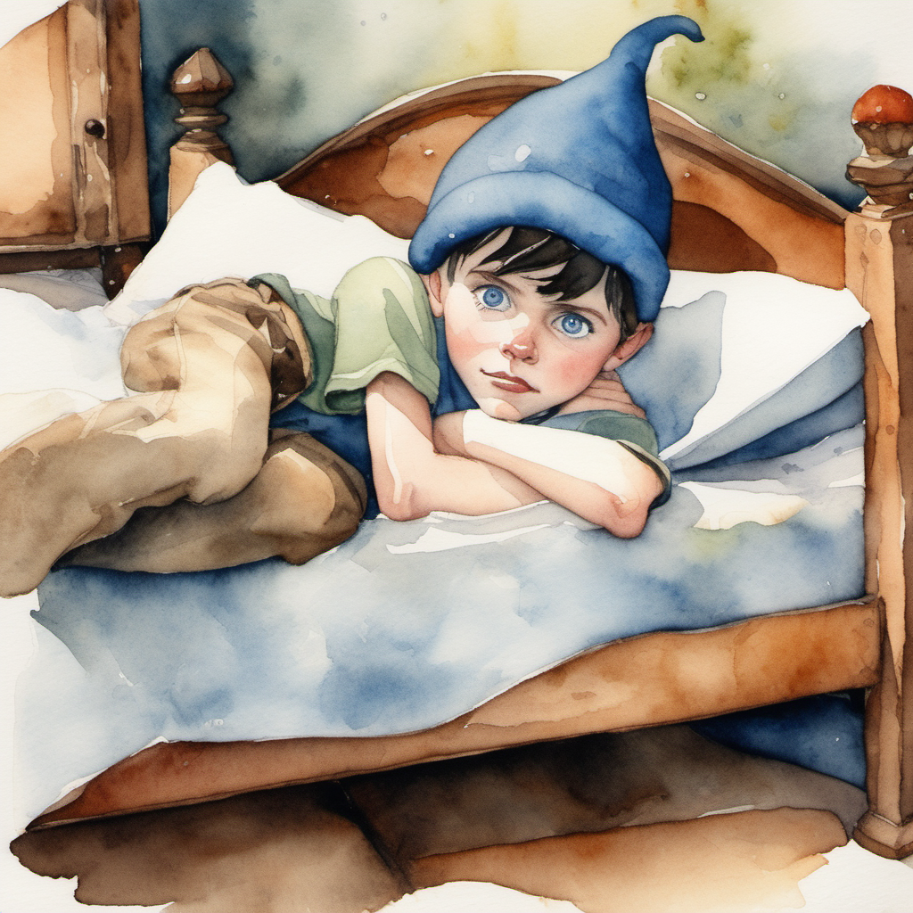 A water Colour painting of a boy pixie, young, darkhaired, blue eyed wearing an acorn hat taking cover under a bed

