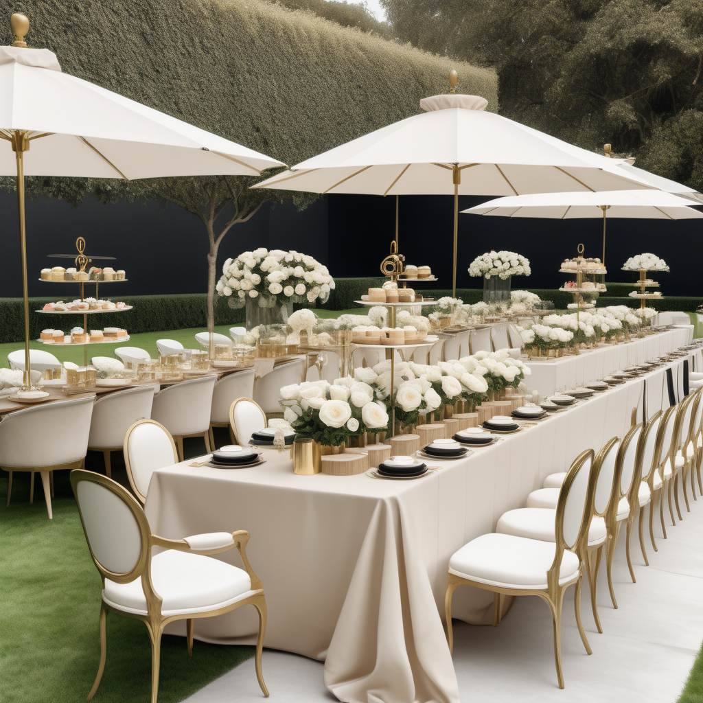 a hyperrealistic image of a grand Modern Parisian  garden high tea party for 10 people, in a large open yard surrounded by manicured gardens and white roses, in a beige oak brass and black colour palette, with Umbrellas
