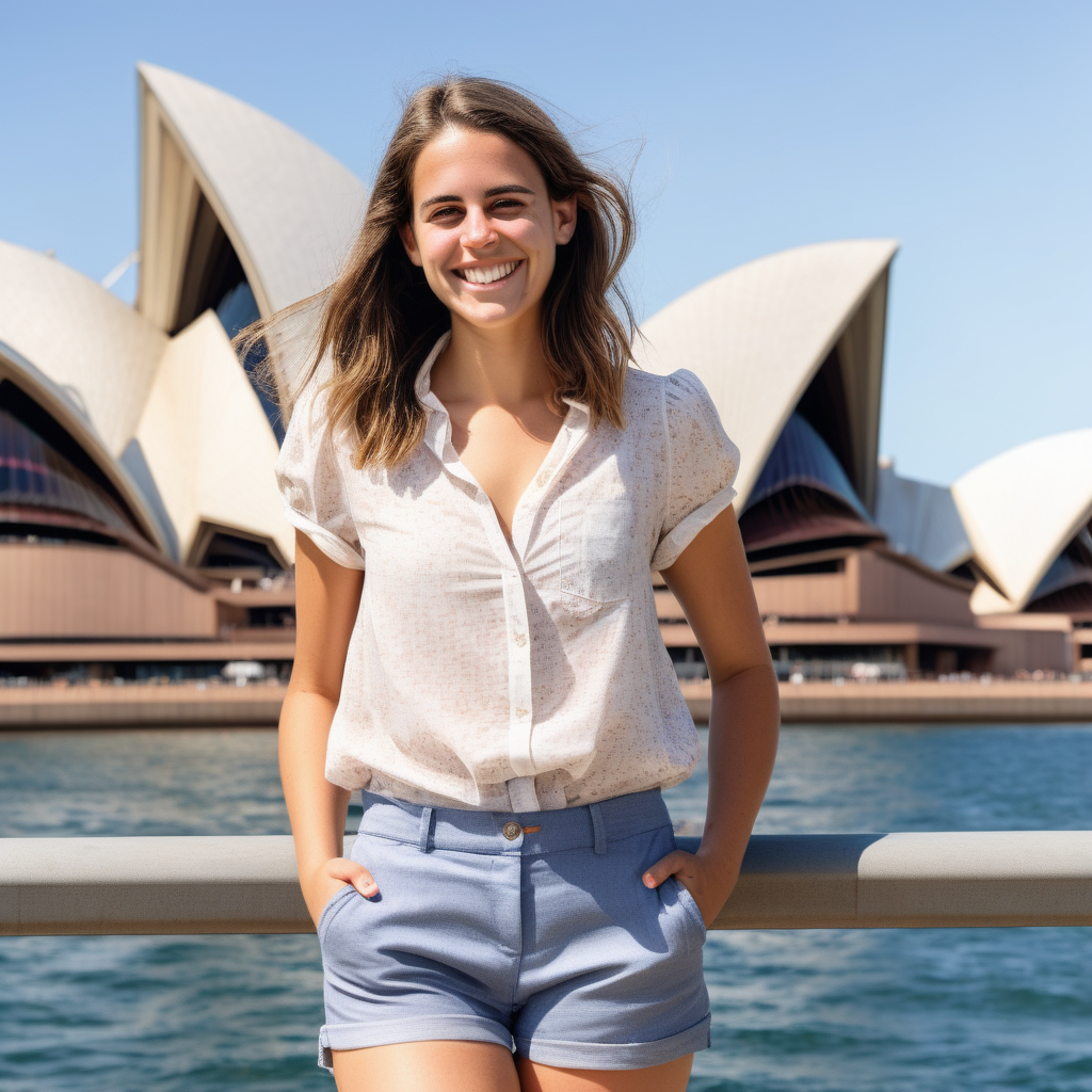 A smiling Emily Feld dressed in shorts and a blouse with Sydney's Opera House in the background