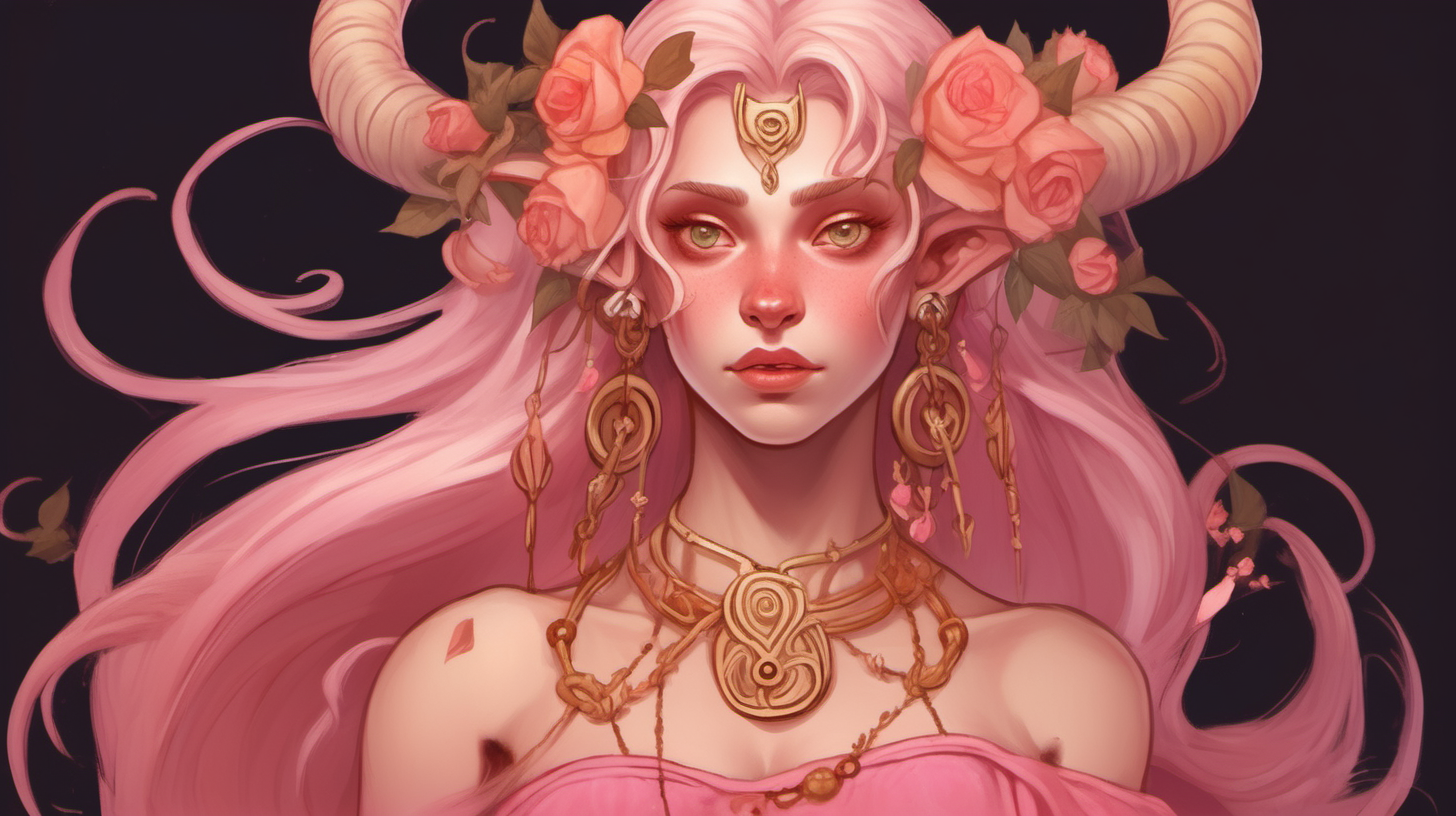 Tiefling woman with pink skin. She has white horns that meet at the top of her head to form a heart. She has light pink eyes. She has light blonde eyelashes. Her eyelashes are not black. She has blonde long hair with a orange tint. She is wearing a pink Greek-style dress with lots of flowers. She is wearing gold jewelry. She is holding a bouquet of pink flowers. She has an annoyed expression. 
