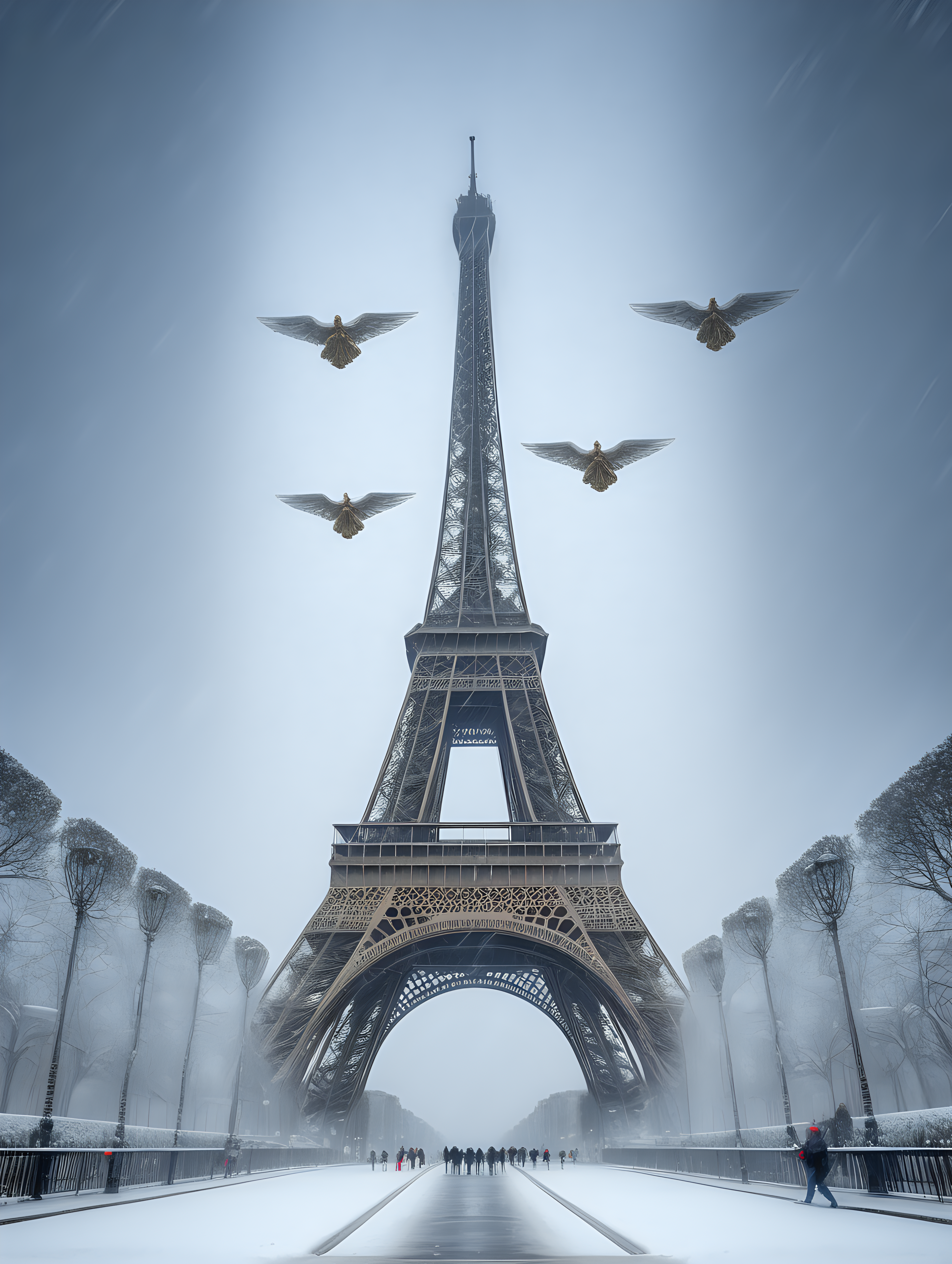 Eiffel tower in winter snow storm with 3 angels flying overhead