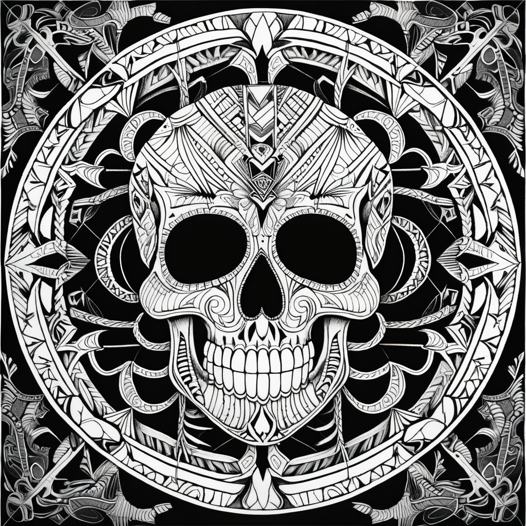 adult coloring page, black & white, high details, symmetrical mandala, string lines, tribal skull