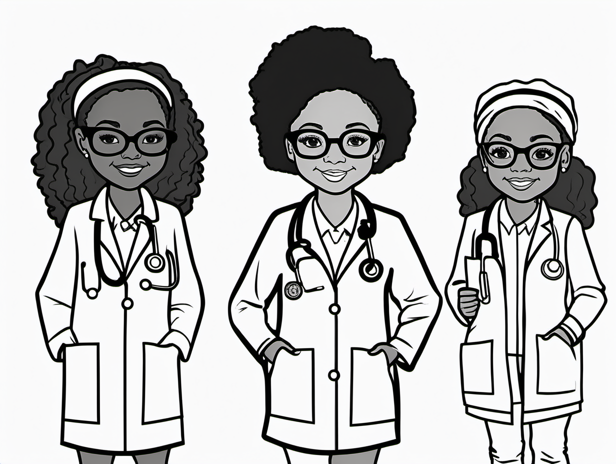 create an outline with no color coloring page of 3 young african american girls dressed as a doctor, one dressed as a teacher, one is dressed like an astronaut