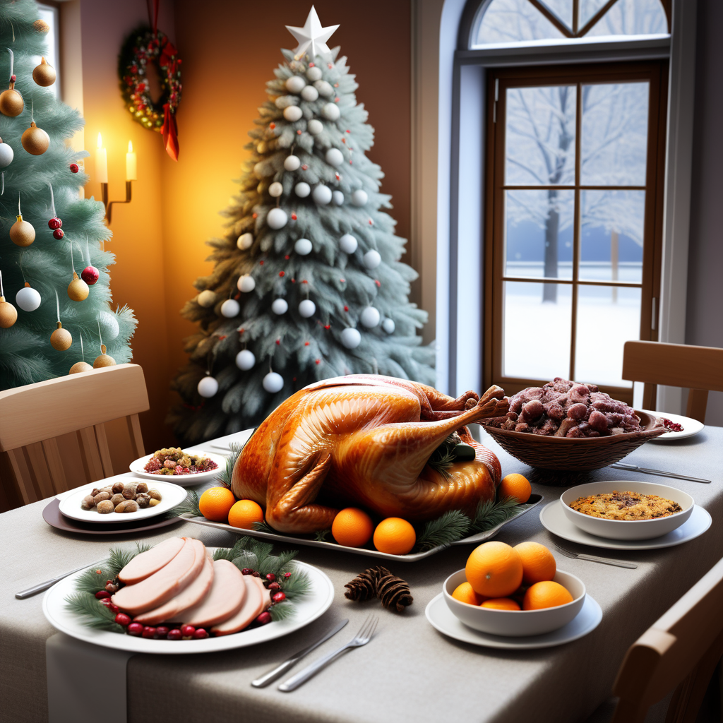 Christmas card for facebook post. Christmas tree, winter, table with food, turkey
