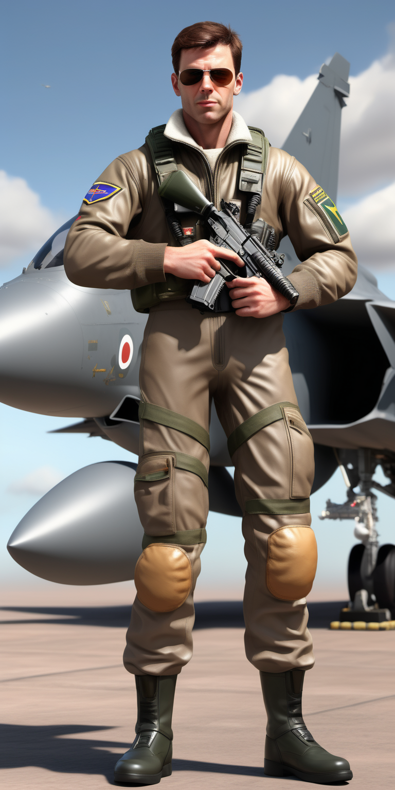 realistic british male Brown haired Fighter jet Pilot holding a pistol stood on a fighter jet
