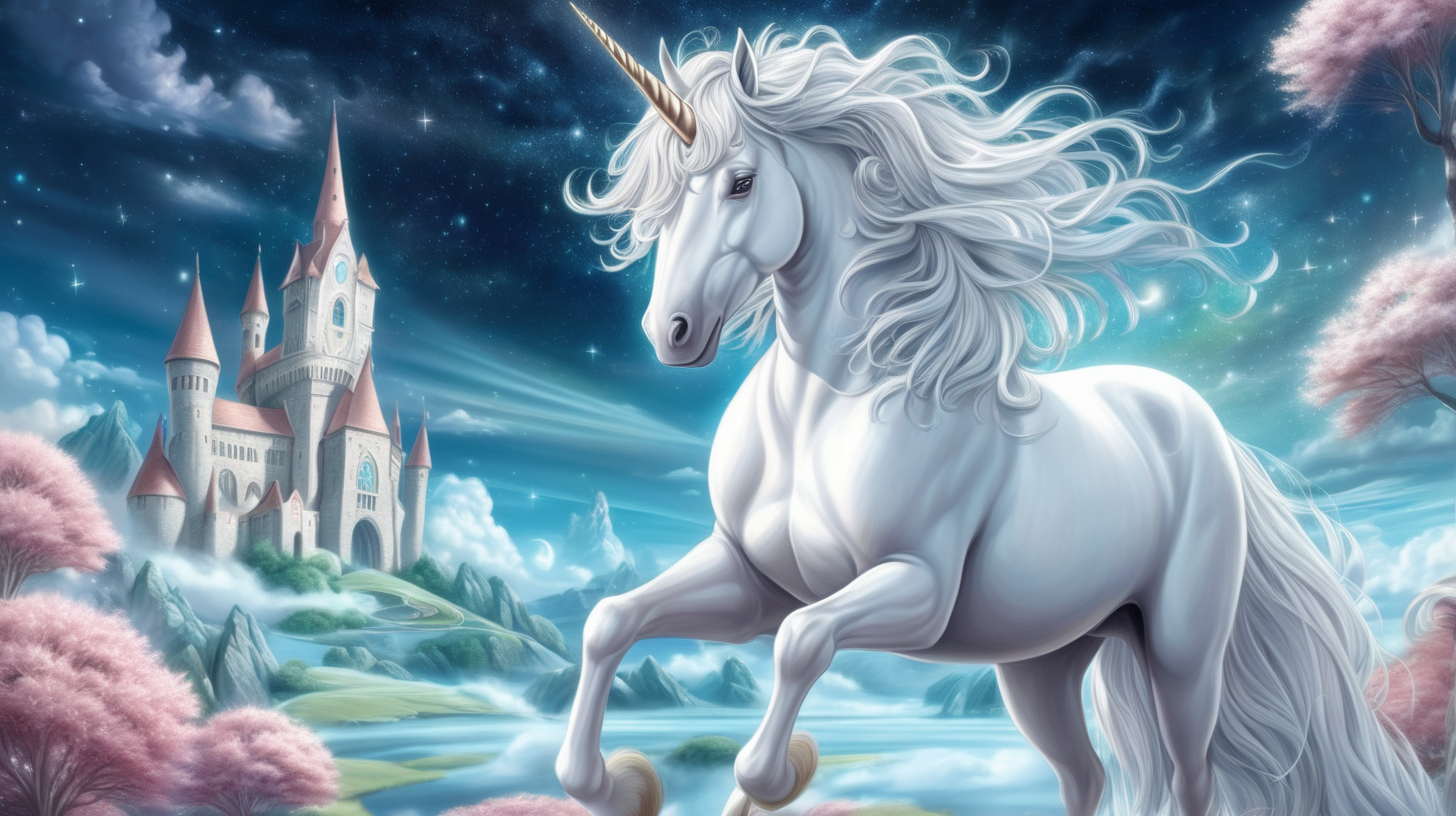 a beautiful majestic white unicorn in a surreal scene he is the guardian of dreams and the keeper of bedtime magic in cartoon anime style