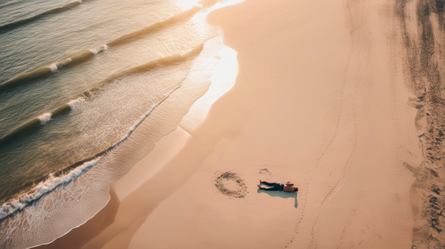 view from above of man laying on the beach in the sand with sunset and water and sky
