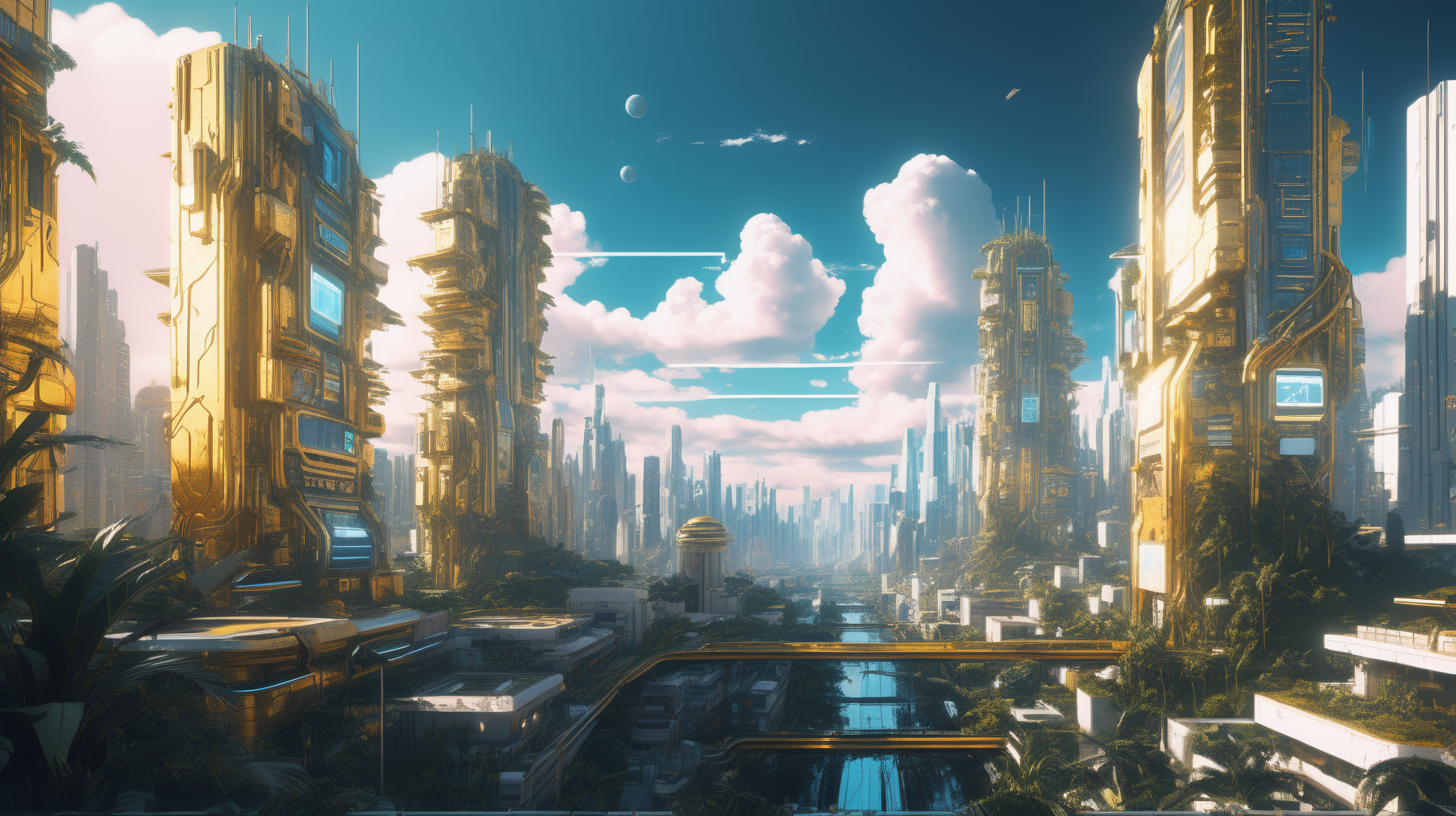 a bright sunny hopeful sythwave cyberpunk utopia 8k photorealism detailed, large sky, golden and white luxurious cyber jungle city