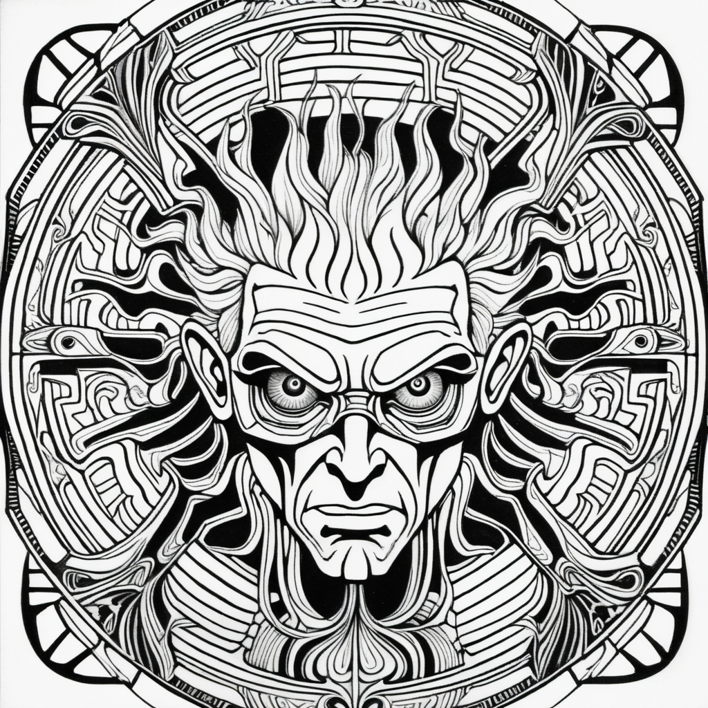 adult coloring page, black & white, strong lines, high details, symmetrical mandala, evil mad scientist with visible brain