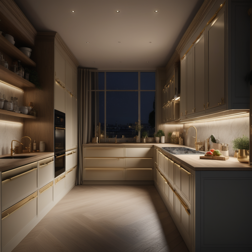 a hyperrealistic image of a grand modern Parisian 3x6 metre Galley Kitchen at night with mood lighting  in beige, oak, and brass 
