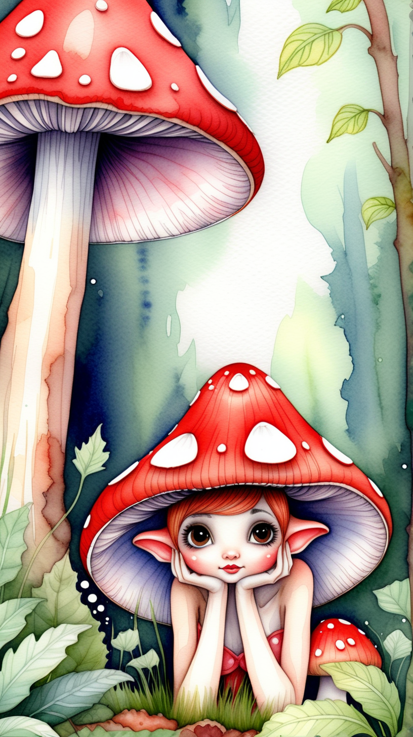 A cute watercolor picture of a fairy sheltering beneath a red mushroom with white dots, she is peaking out from behind the mushroom and is surrounded by lush green foliage.