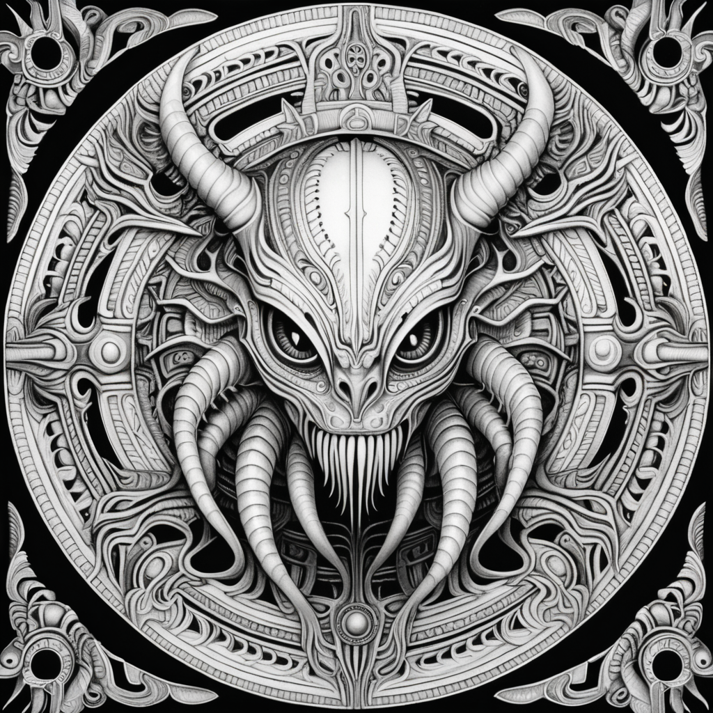 black & white, coloring page, high details, symmetrical mandala, strong lines, eye beast in style of H.R Giger