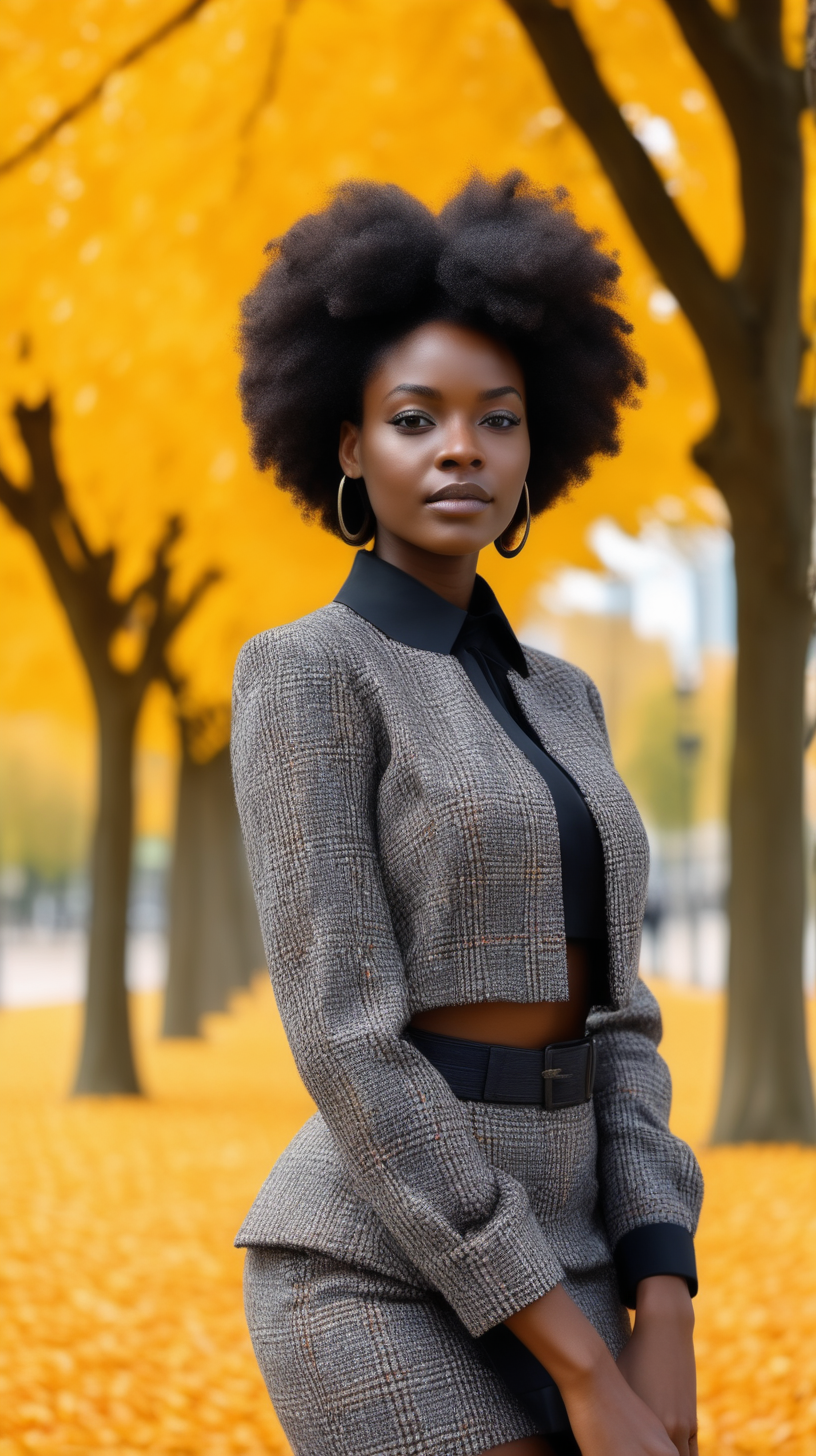 A handsome, intelligent black, female, wearing a, short hair, wearing a blouse, wearing a elegant, string of African, Wearing a tweed, two piece, women's wool suit, in a park, brightly lit, modern day, sunny, in Ultra 4K, High Definition, full resolution, hyper realism