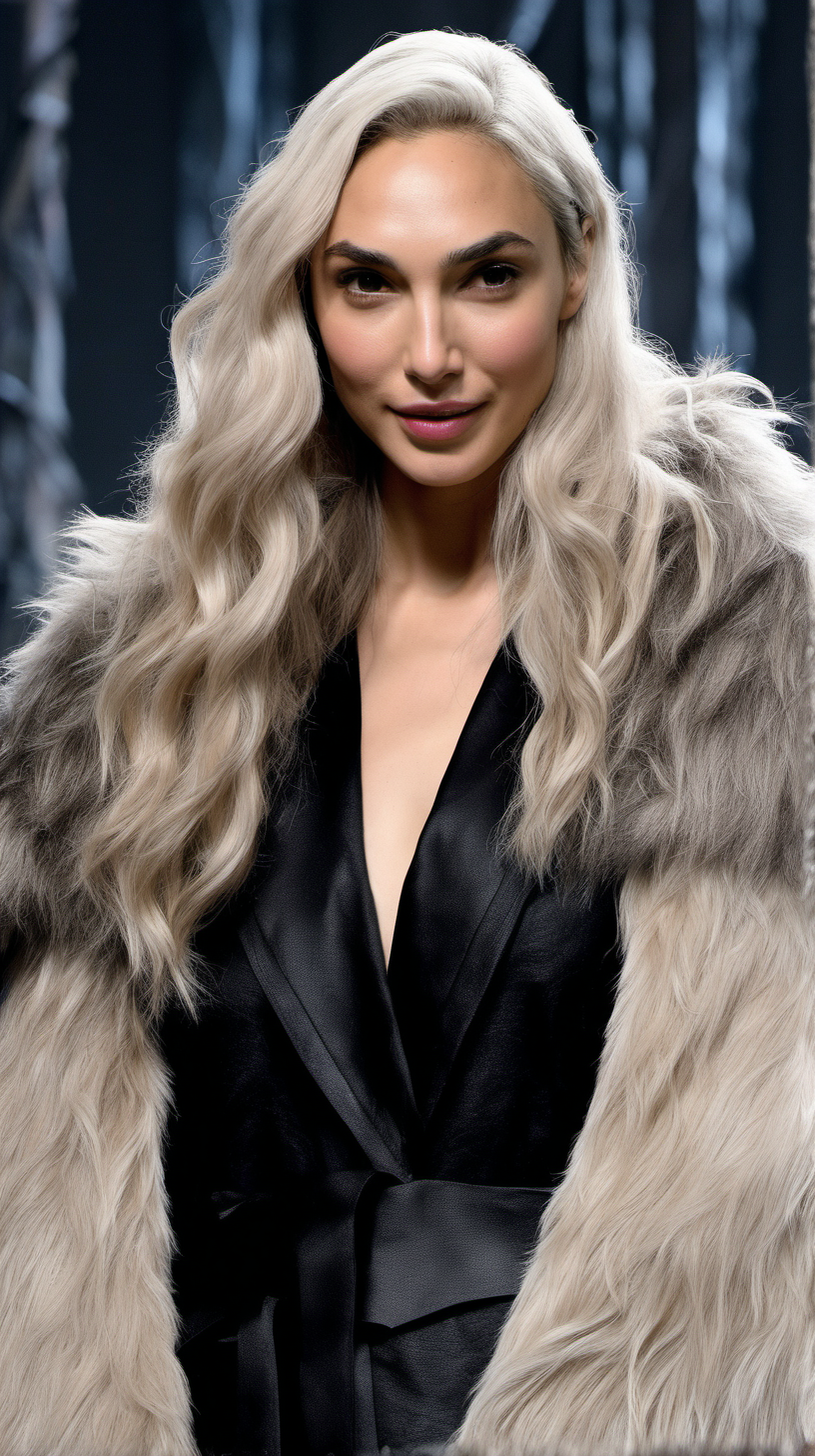 Gal Gadot, with long platinum blonde hair, dressed in a black fur cloak