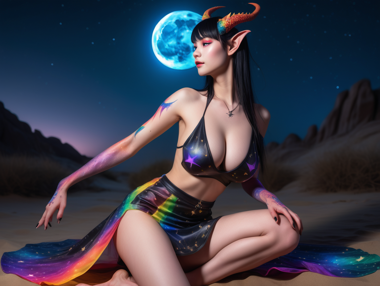 ultra-realistic high resolution and highly detailed adult film photoshoot of a slender female human dragon, with sleek pointy black horns gently swept straight backwards over head, with massive breasts, with a colourful open front transparent top and a colourful transparent short loose skirt, she has draconic markings on arms and body, sitting under a starry sky with the moon in the background, looking at the camera