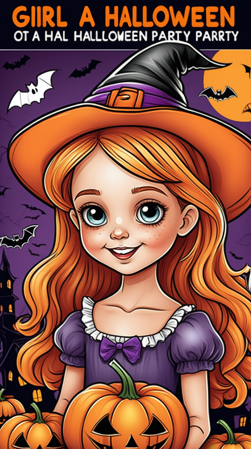 Cover of a children's coloring book: girl at a Halloween party, full color  