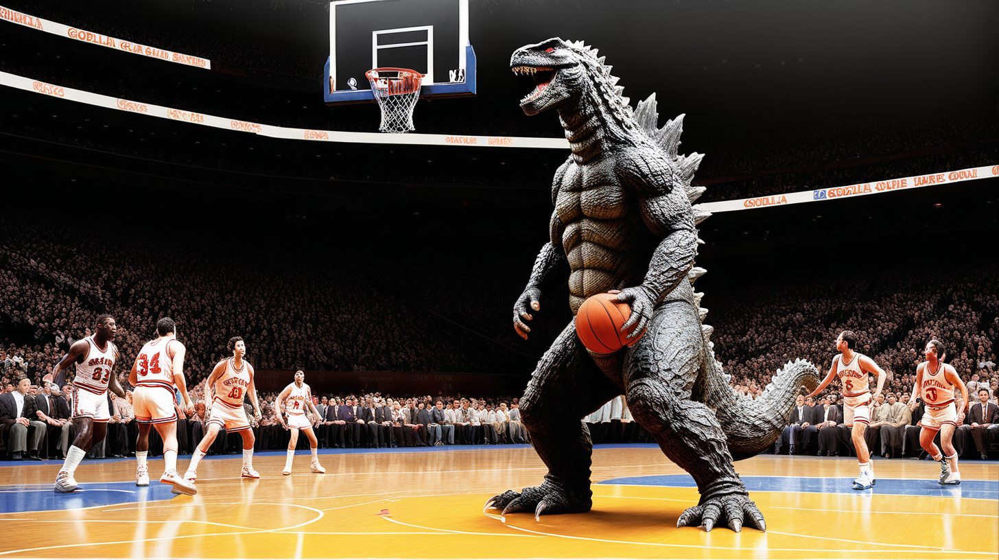 Godzilla playing basketball in Madison Square Garden