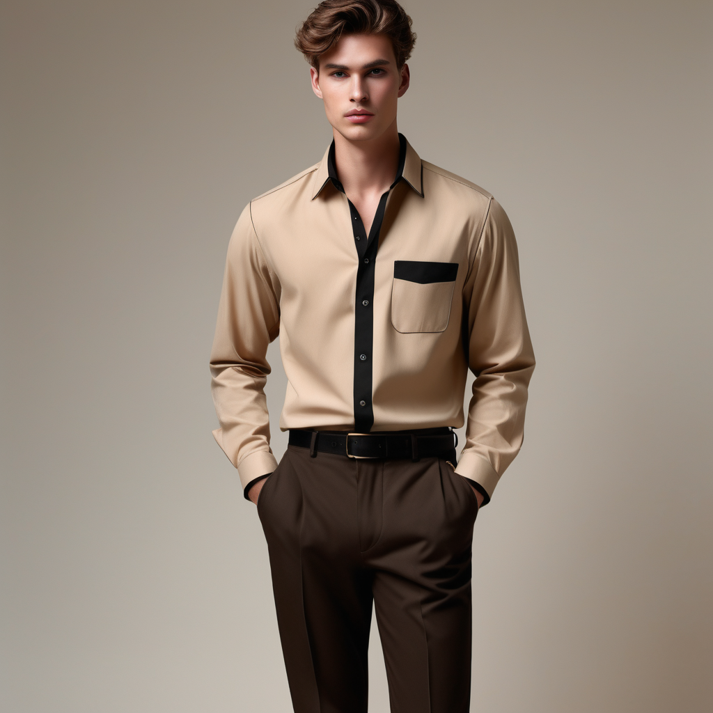 men seller, beige long sleeve shirt, brown	binding, brown shirt button, dark brown classic pant, black sneaker 