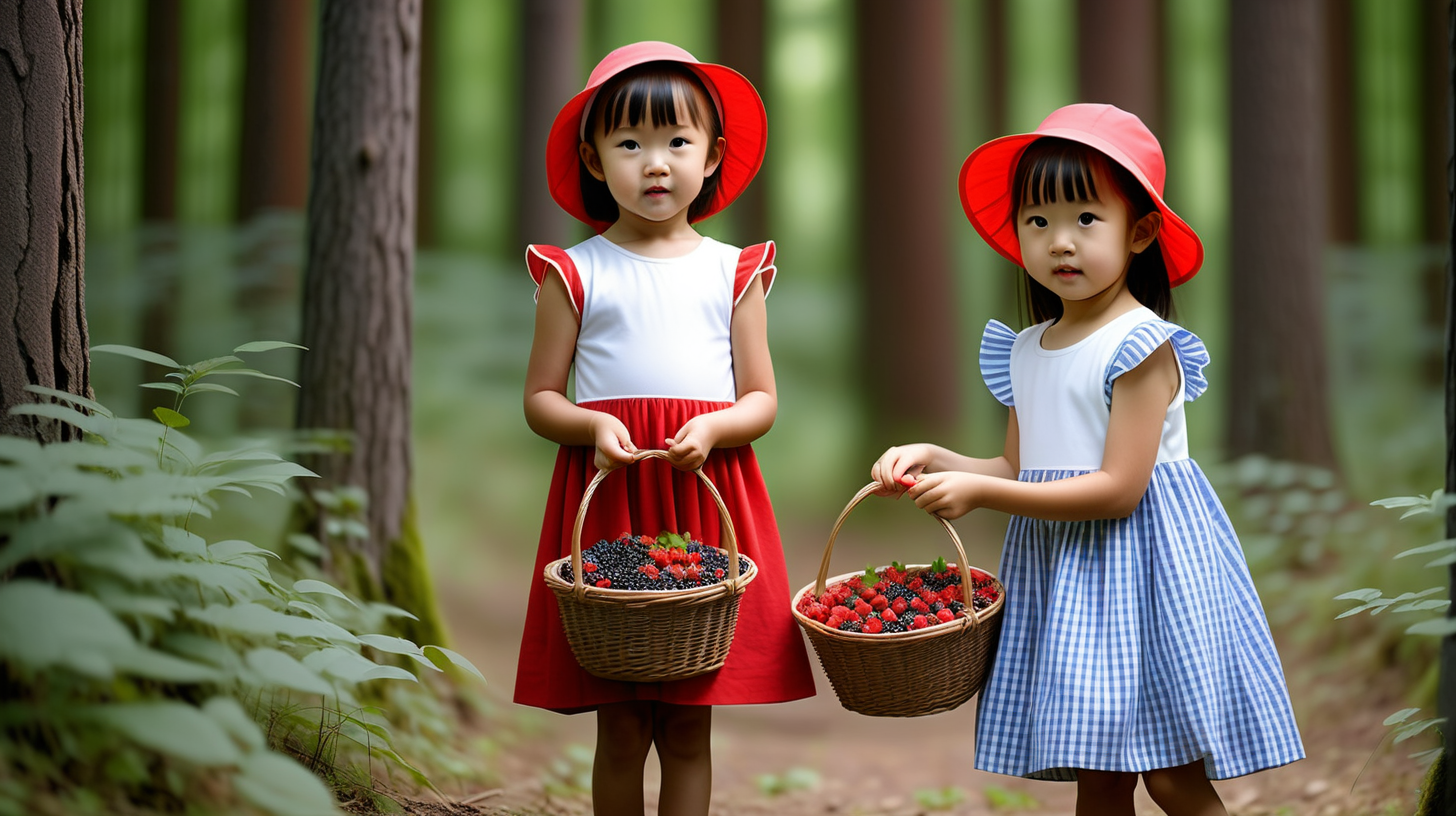 Две маленькие девочки-азиатки 4 и 6 лет ,  одна одета в красно-белое платье, другая  одета в сине- белое платье, они зашли  в лес, полный красивых и высоких древьев и  много-много кустов с красными и сочными ягодами, девочки стали рвать и  собирать ягоды в свои маленькие корзинки 