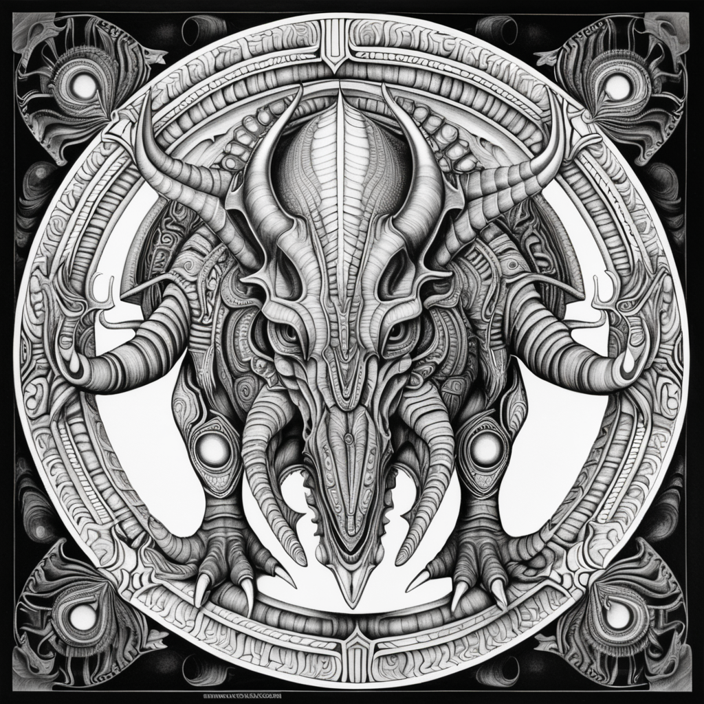 black & white, coloring page, high details, symmetrical mandala, strong lines, triceratops with many eyes in style of H.R Giger