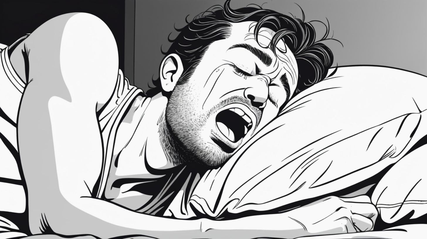 A simple black and white illustration of man on bed side view drooling open mouth while sleeping. Close up