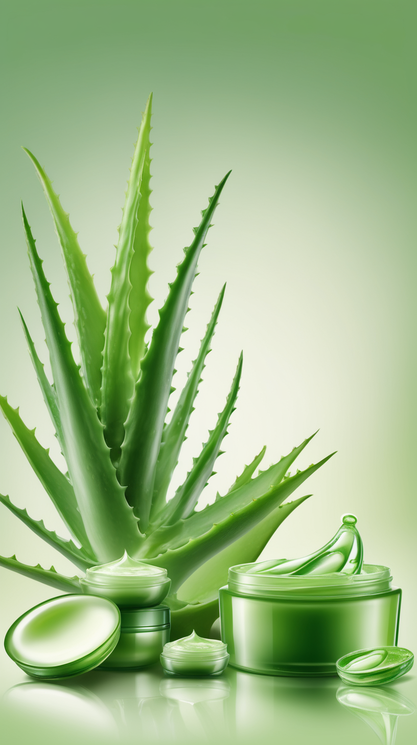 background on right side are beauty aloe-vera products  without names, calm colours, hyper-realistic