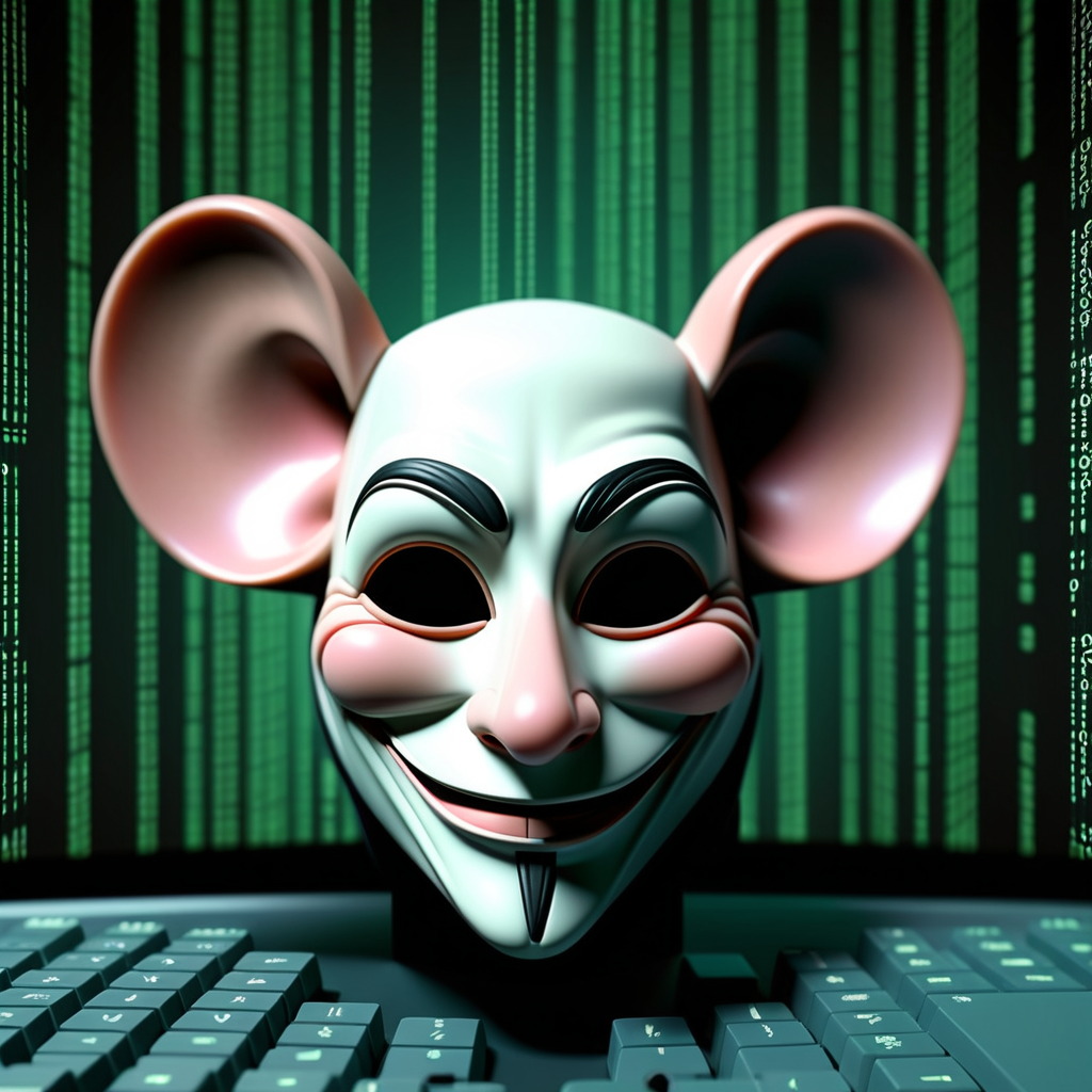 mascara 3d de um rato hacker anonimo sorrindo assustador
em fundo matrix  mostrando a tela do computador
